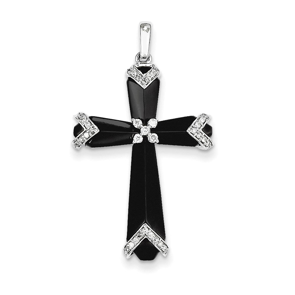 14K White Gold Black Onyx & Real Diamond Cross Pendant