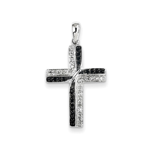 14K White Gold Black & White Real Diamond Cross Pendant