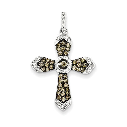 14K White Gold/Blk Rhod Champagne/Wh Real Diamond Cross Pendant