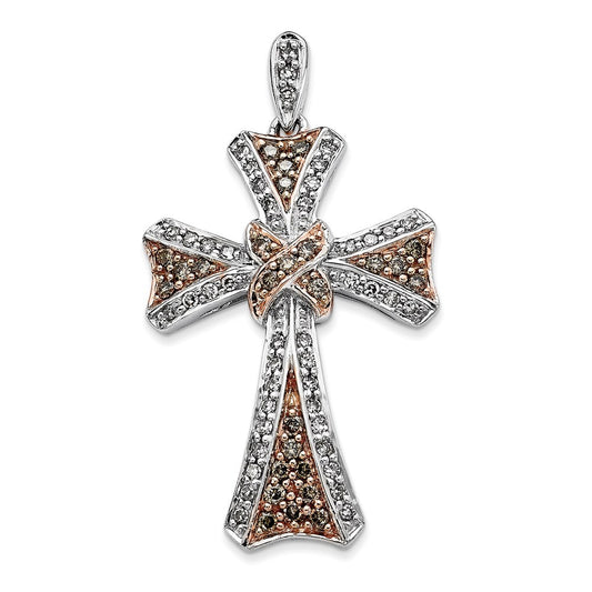 14K White Gold and Rose Rhodium Champagne and White Diamond Cross Pendant