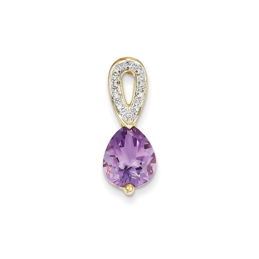 14K Yellow Gold Real Diamond and Amethyst Teardrop Pendant