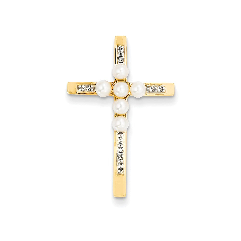 14K Yellow Gold Real Diamond and 3-4mm Round FW Cultured Pearl Cross Pendant