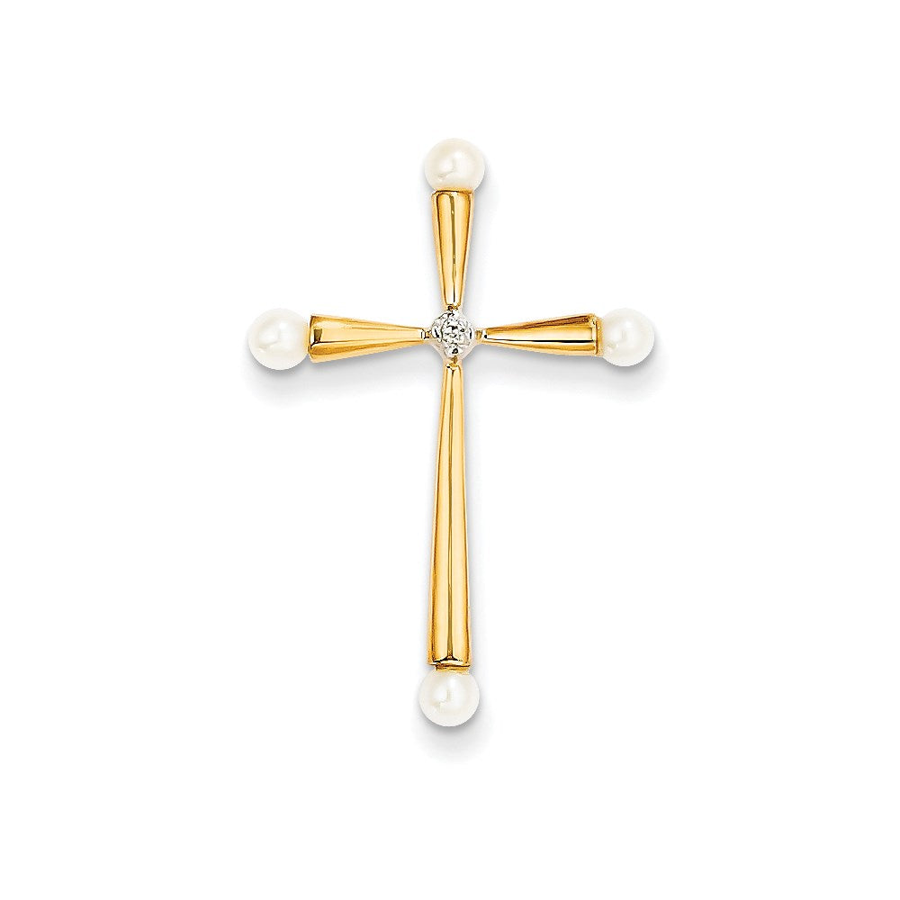 14K Yellow Gold Real Diamond and FW Cultured Pearl Cross Pendant