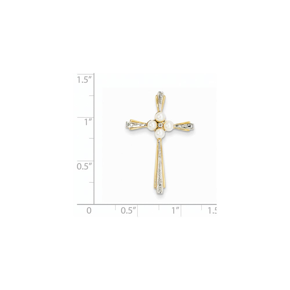 14K Yellow Gold Real Diamond and 3-4mm FW Cultured Pearl Cross Pendant