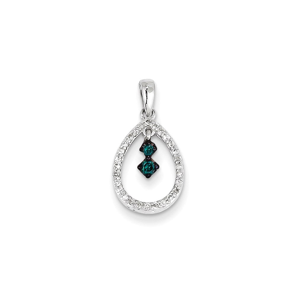 14k White Gold White & Blue Diamond Teardrop Pendant