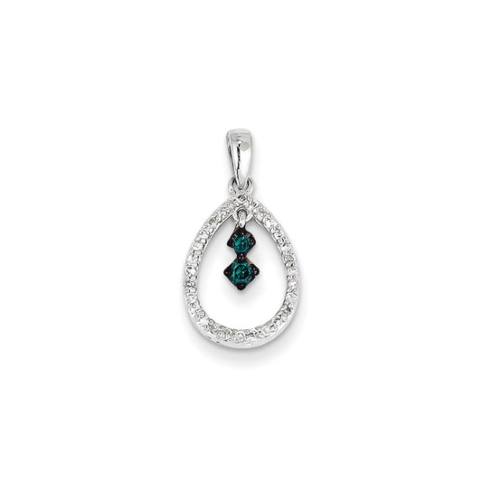 14k White Gold White & Blue Diamond Teardrop Pendant