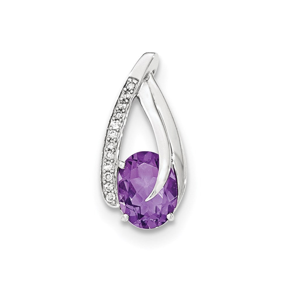 14K White Gold Real Diamond & Amethyst Polished Chain Slide Pendant