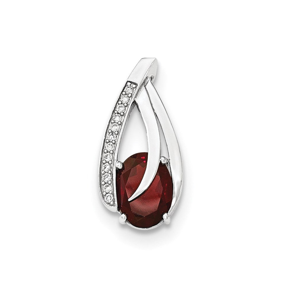 14K White Gold Real Diamond & Garnet Polished Chain Slide Pendant