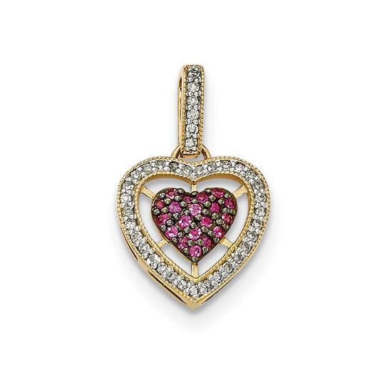 14K Yellow Gold Polished Real Diamond & Ruby Hearts Pendant