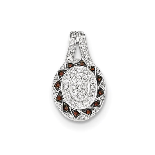 14k White Gold Red Cognac and White Real Diamond Oval Pendant