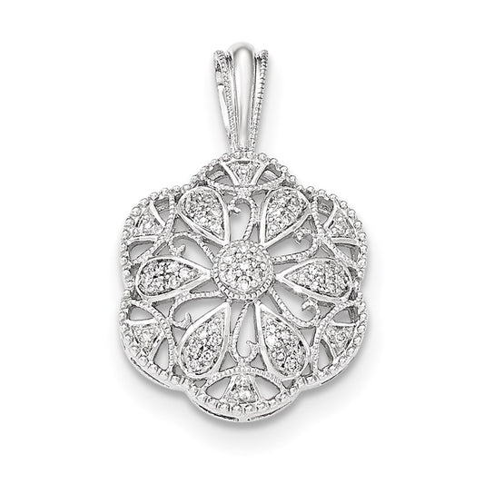 14K White Gold Real Diamond Rounded Filigree Pendant