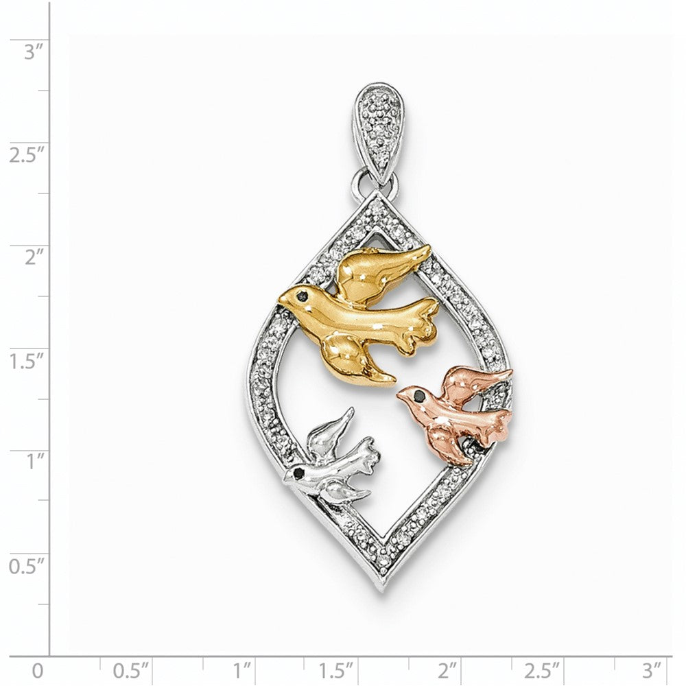 14k Tri-Color Gold Real Diamond 3 Dove Pendant