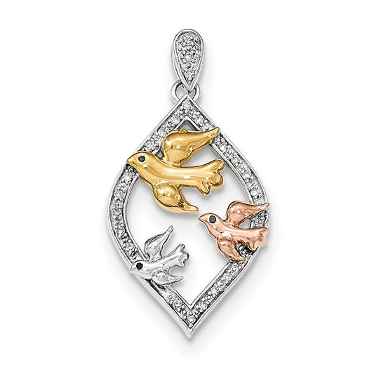 14k Tri-Color Gold Real Diamond 3 Dove Pendant