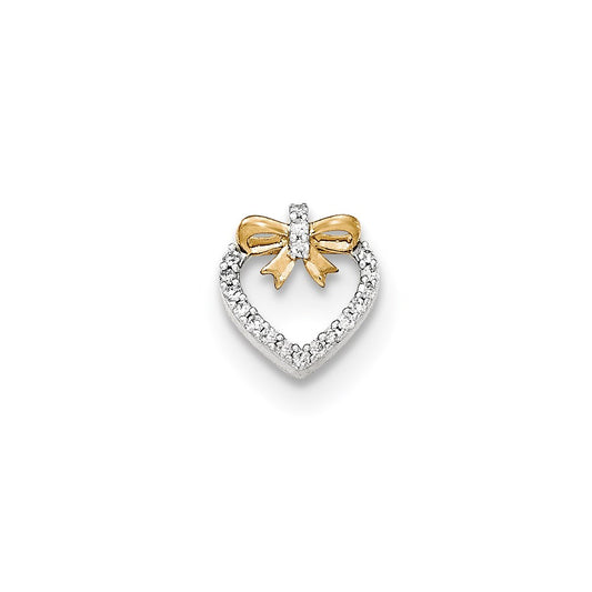 14K Yellow Gold Polished Real Diamond Heart w/bow Chain Slide Pendant