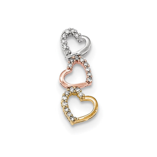 14k Tri-Color Gold 3-heart Real Diamond Chain Slide