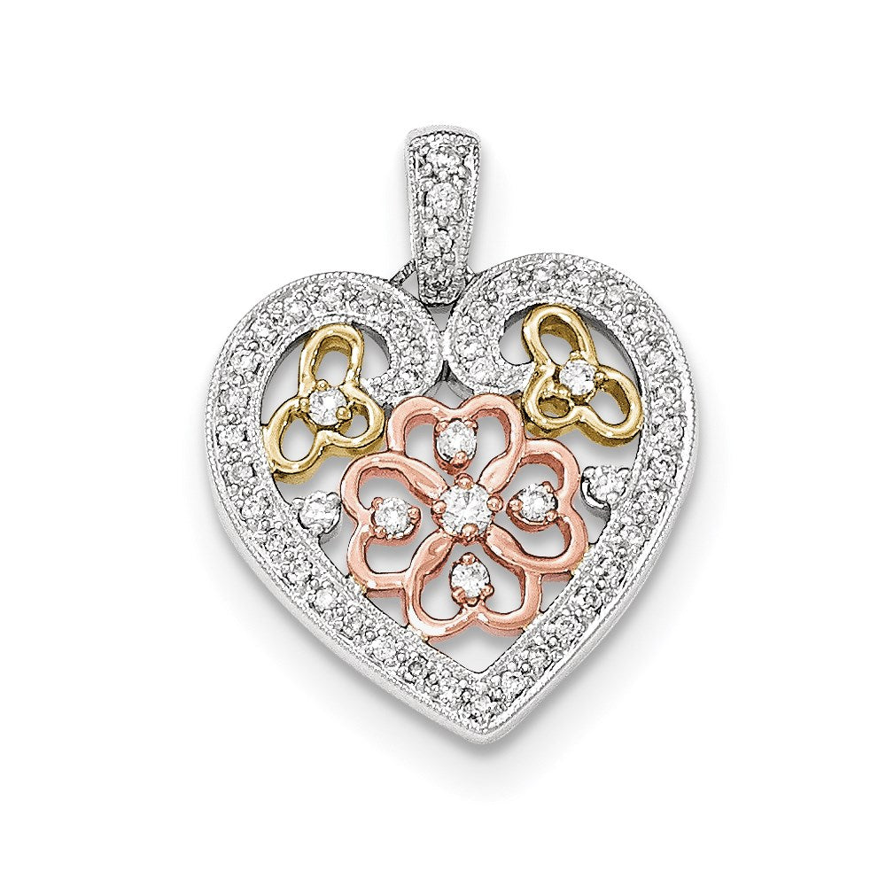 14k Tri-color Gold Real Diamond Floral Heart Pendant