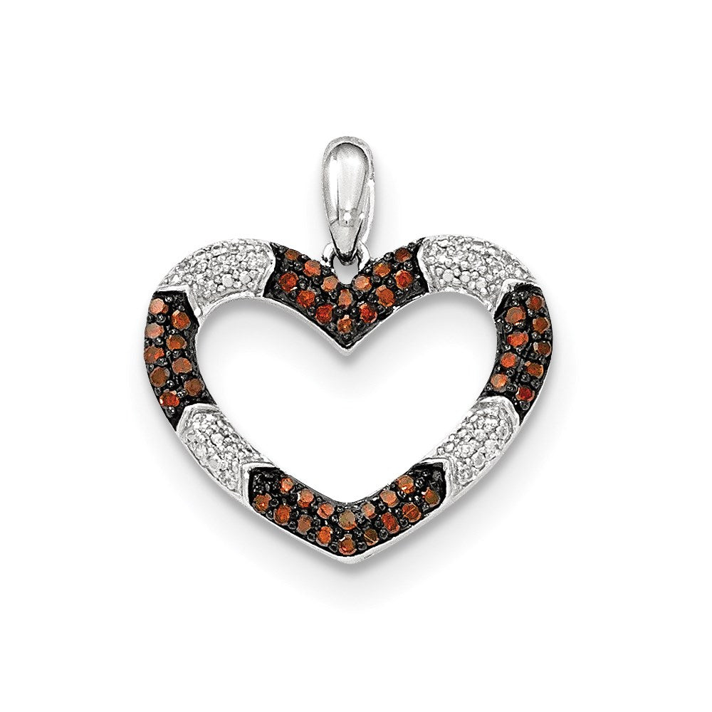 14k White Gold Red Cognac and White Real Diamond Heart Pendant