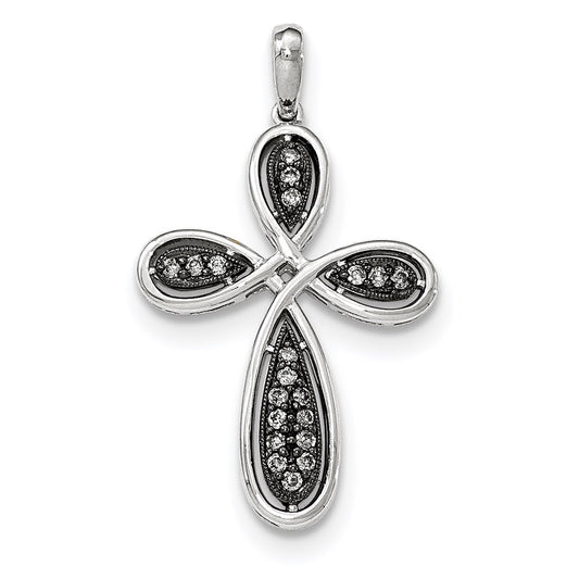 14k White Gold w/Black Rhodium Polished Real Diamond Cross Pendant