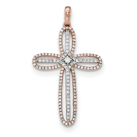 14K White & Rose Gold Cross Real Diamond Pendant