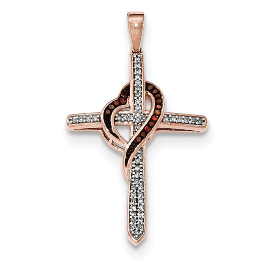 14K Rose Gold Red & White Real Diamond Cross Heart Pendant