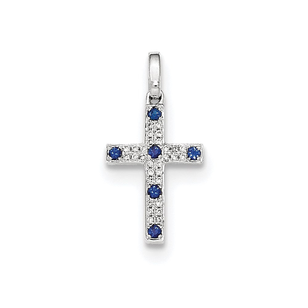 14k White Gold White Real Diamond & Sapphire Cross Pendant