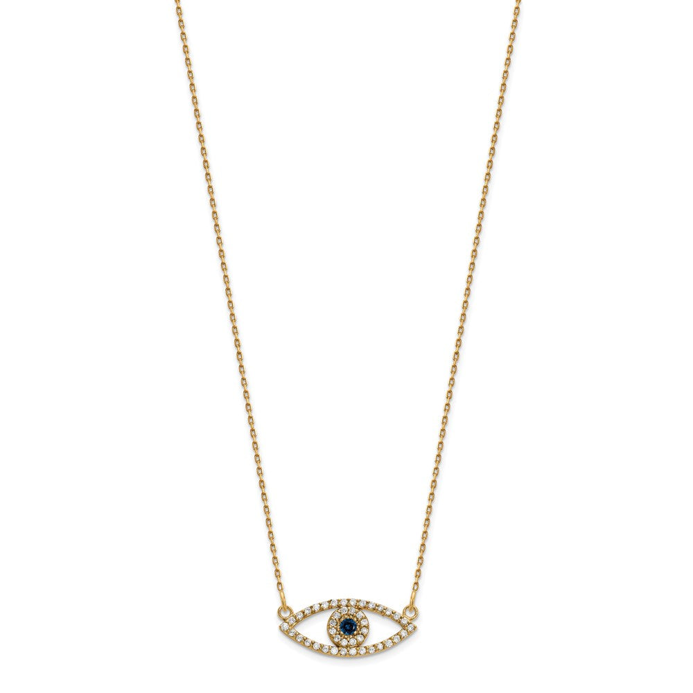 14K Yellow Gold Small Real Diamond and Sapphire Evil Eye Necklace