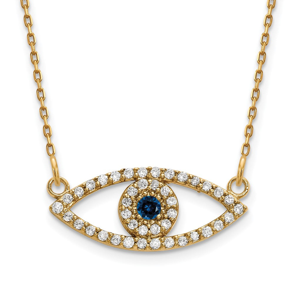 14K Yellow Gold Small Real Diamond and Sapphire Evil Eye Necklace