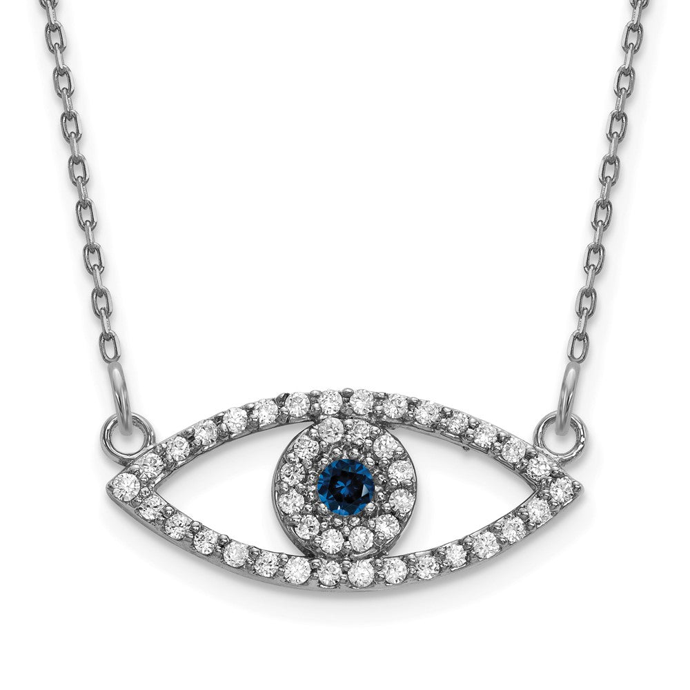 14k White Gold Small Real Diamond and Sapphire Evil Eye Necklace