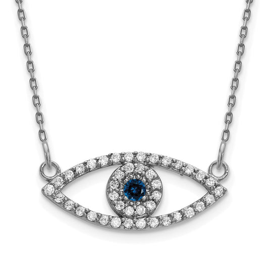 14k White Gold Small Real Diamond and Sapphire Evil Eye Necklace