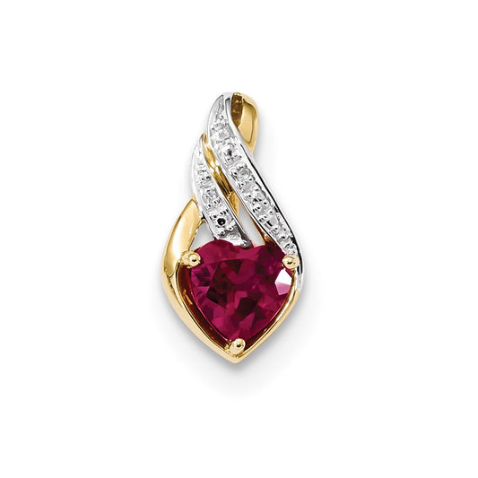 14K Yellow Gold w/ Created Ruby & Real Diamond Polished Heart Pendant