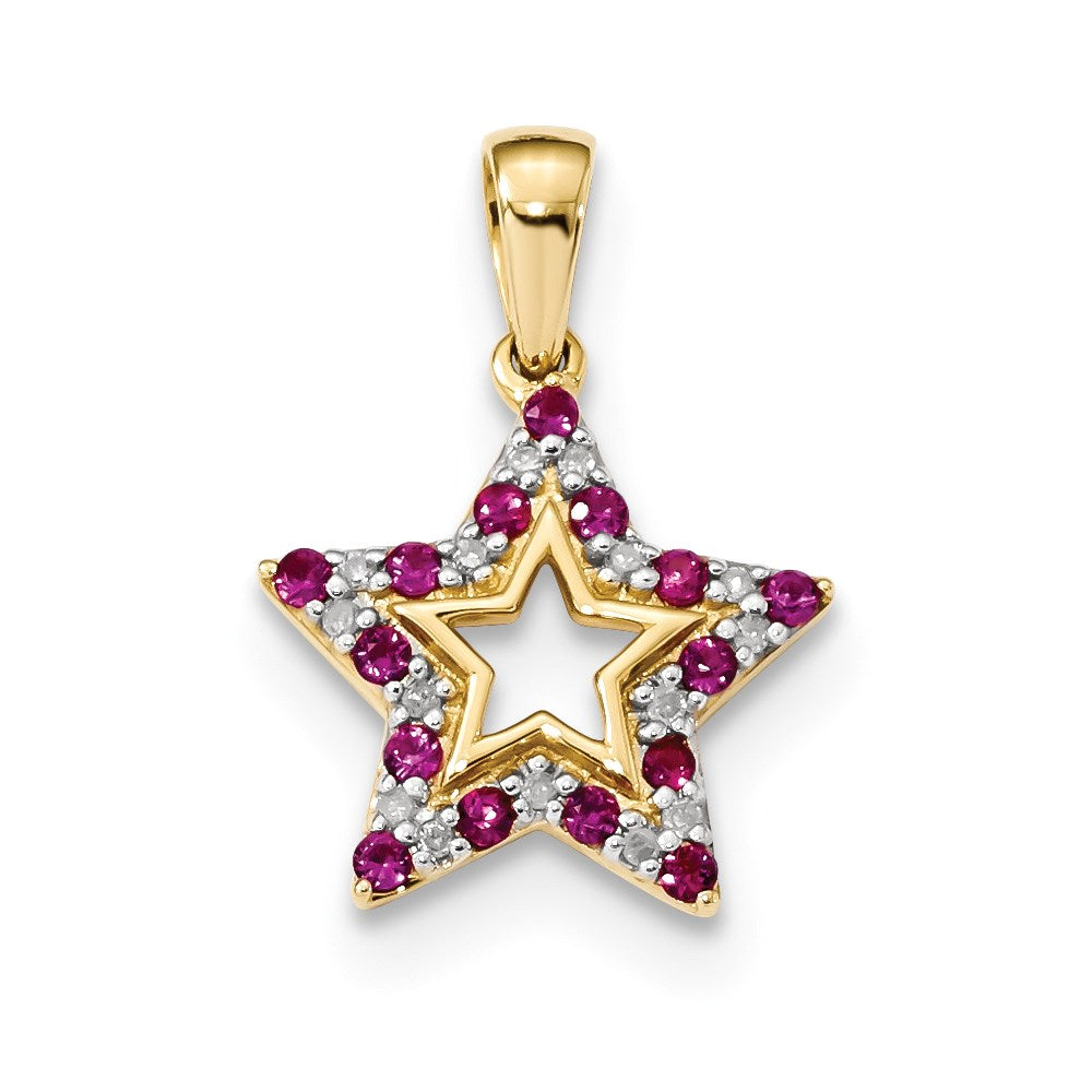 14K Yellow Gold Ruby & Real Diamond Star Pendant