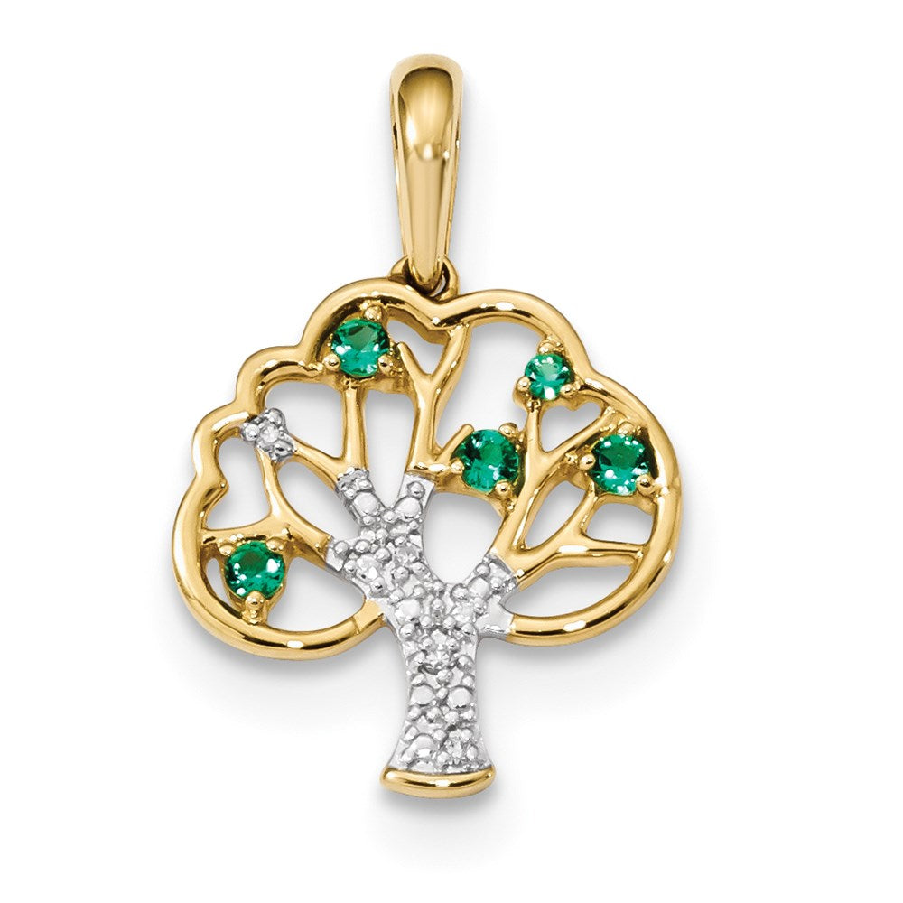 14K Yellow Gold w/ Created Emerald & Real Diamond Polished Pendant