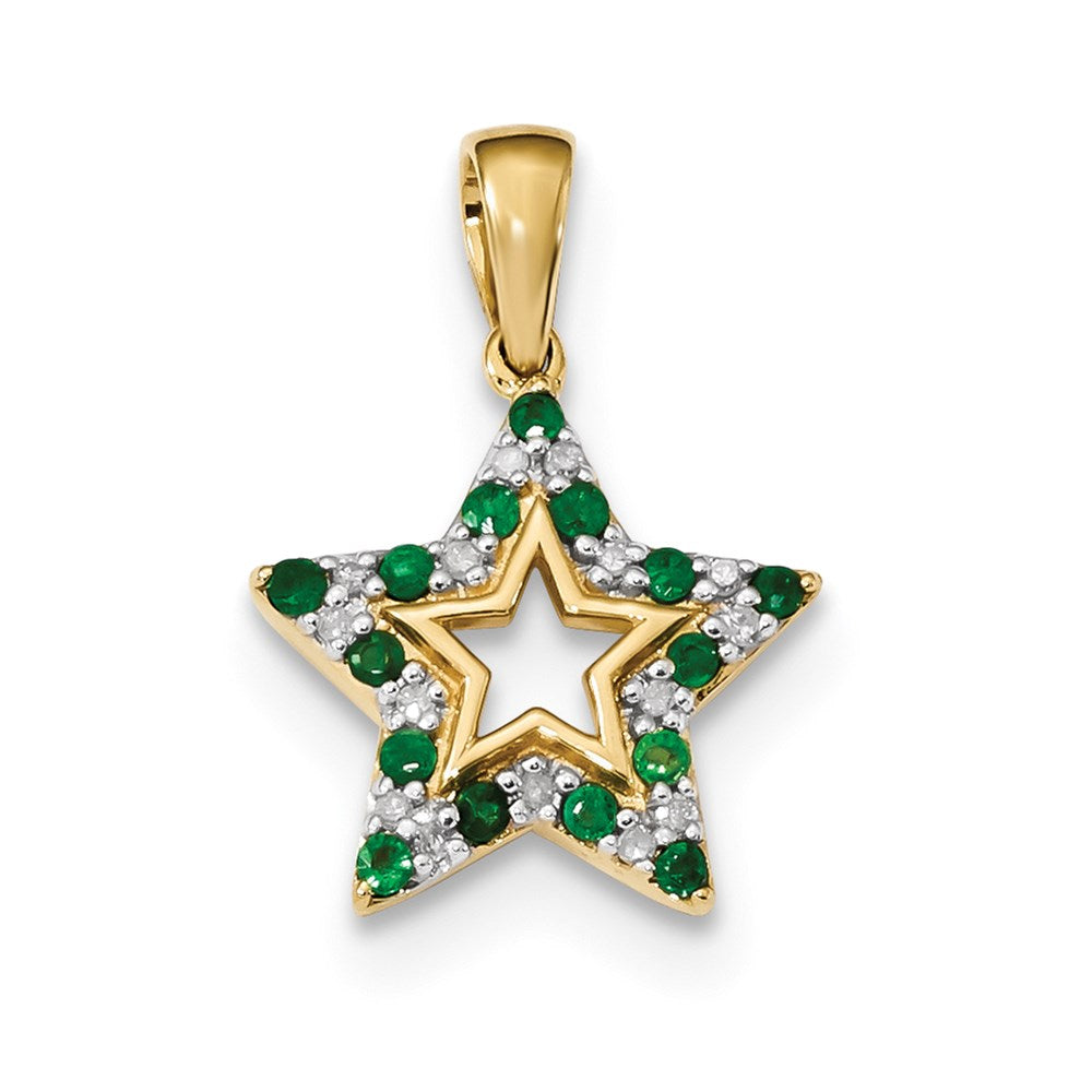 14K Yellow Gold Emerald & Real Diamond Star Pendant