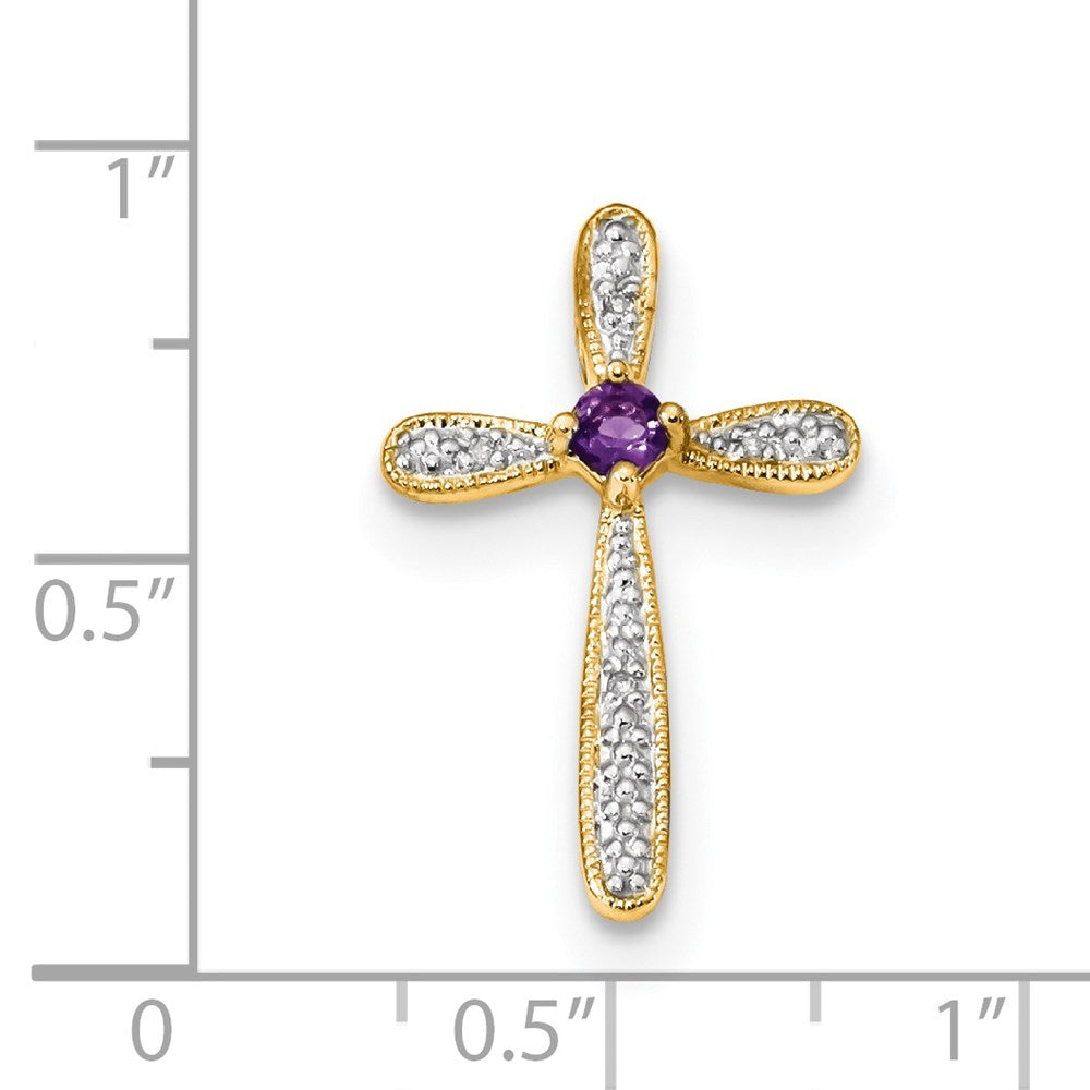 14K Yellow Gold Rhodium Real Diamond & Amethyst Polished Cross Pendant