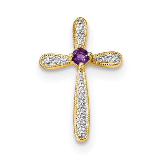 14K Yellow Gold Rhodium Real Diamond & Amethyst Polished Cross Pendant