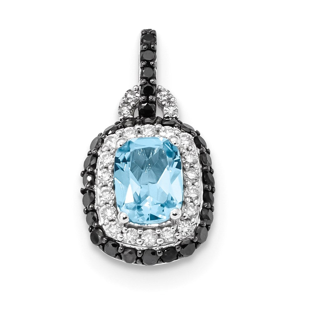 14k White Gold White and Black Diamond with Blue Topaz Oval Pendant