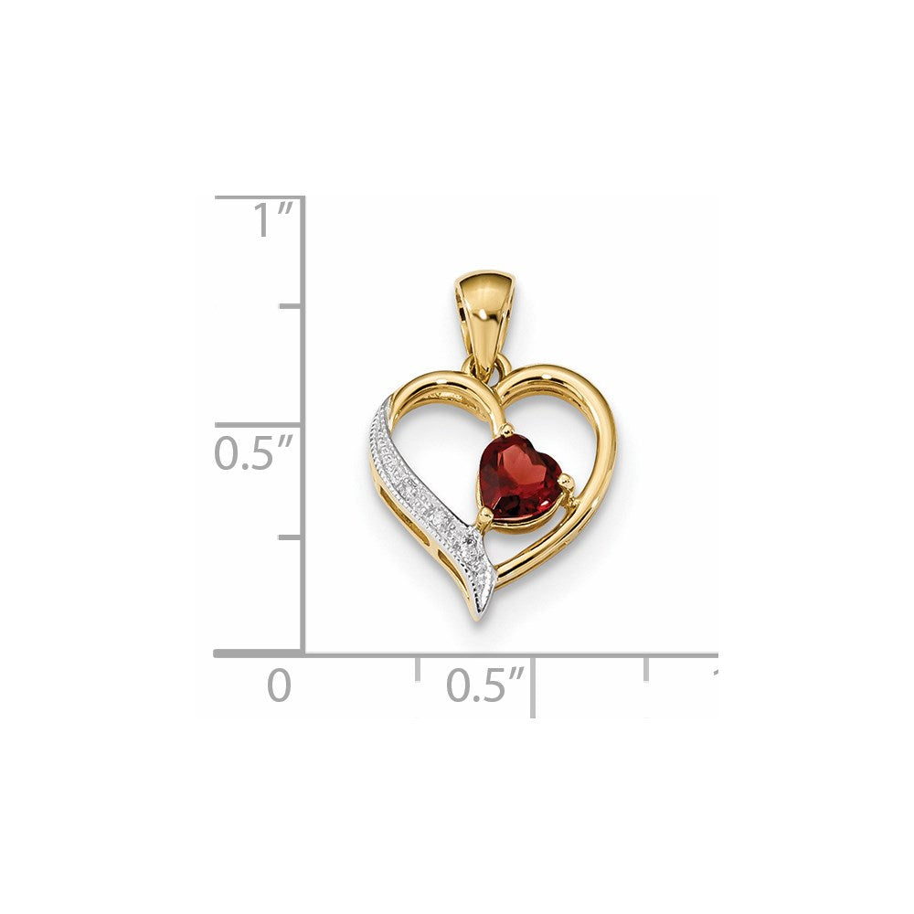 14K Yellow Gold w/ Rhodium Real Diamond & Garnet Polished Heart Pendant