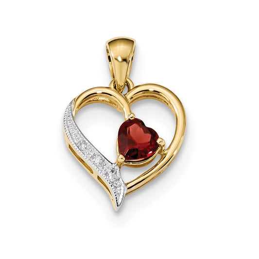 14K Yellow Gold w/ Rhodium Real Diamond & Garnet Polished Heart Pendant