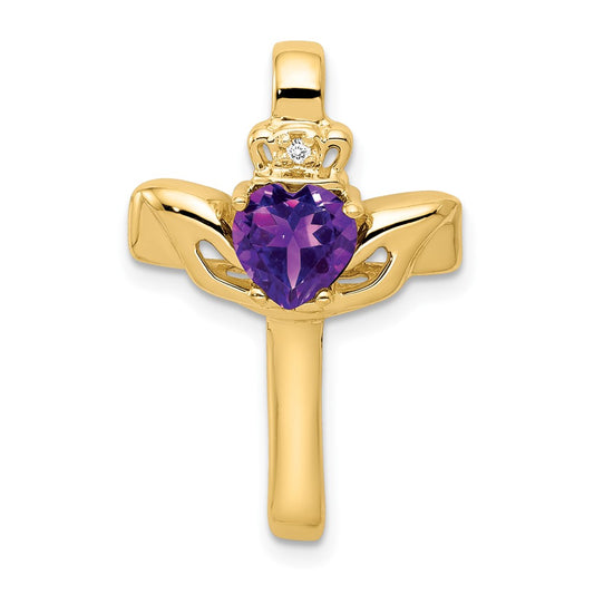 14k 6mm Claddagh Amethyst Natural Diamond Cross Pendant