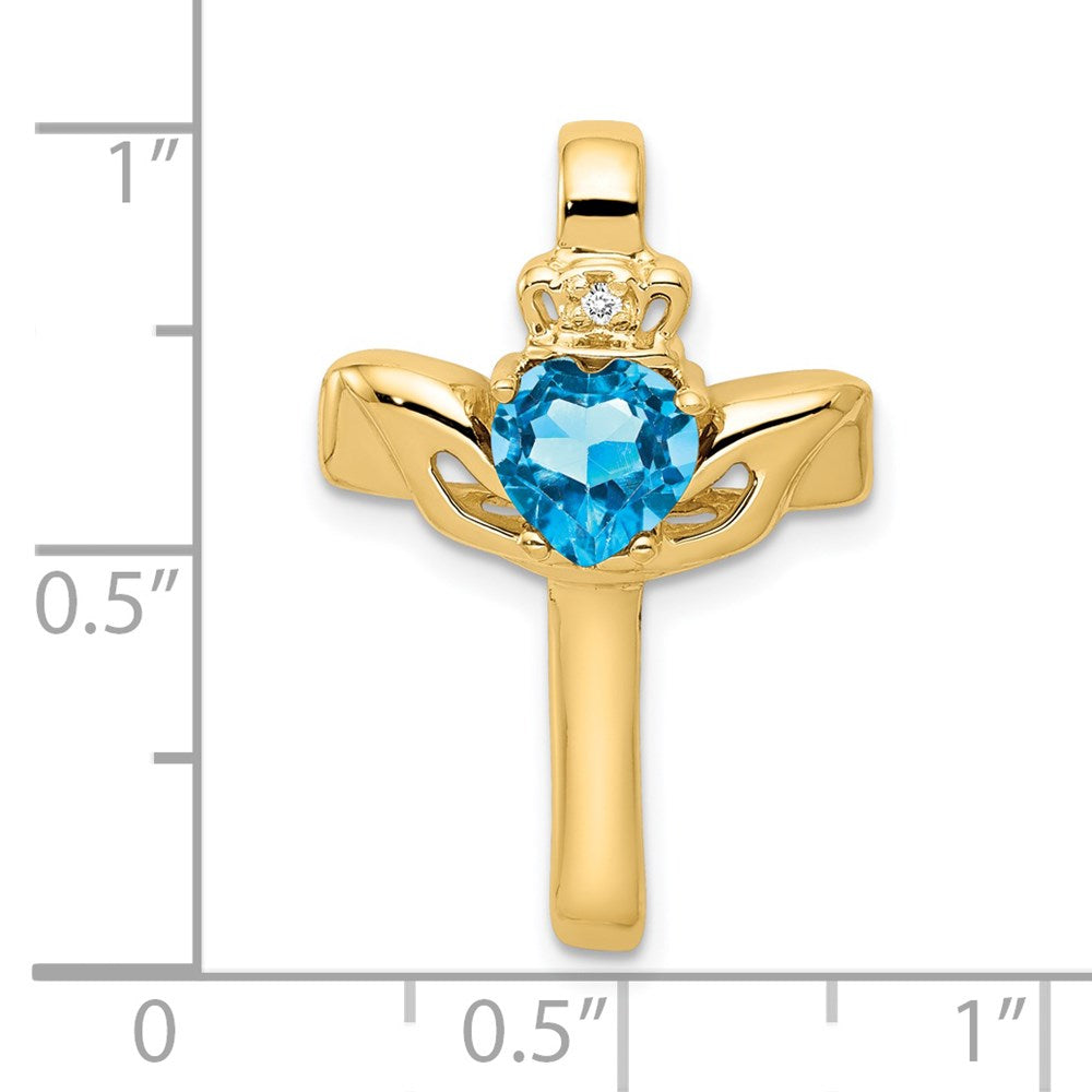 14k 6mm Claddagh Blue Topaz VS Diamond Cross Pendant