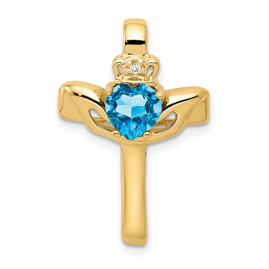 14k 6mm Claddagh Blue Topaz AA Diamond Cross Pendant