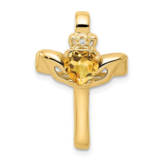 14k 6mm Claddagh Citrine AA Diamond Cross Pendant