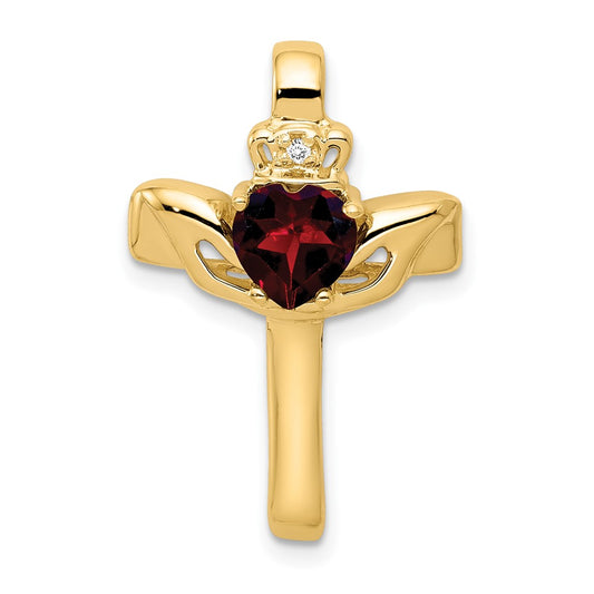 14k 6mm Claddagh Garnet AAA Diamond Cross Pendant