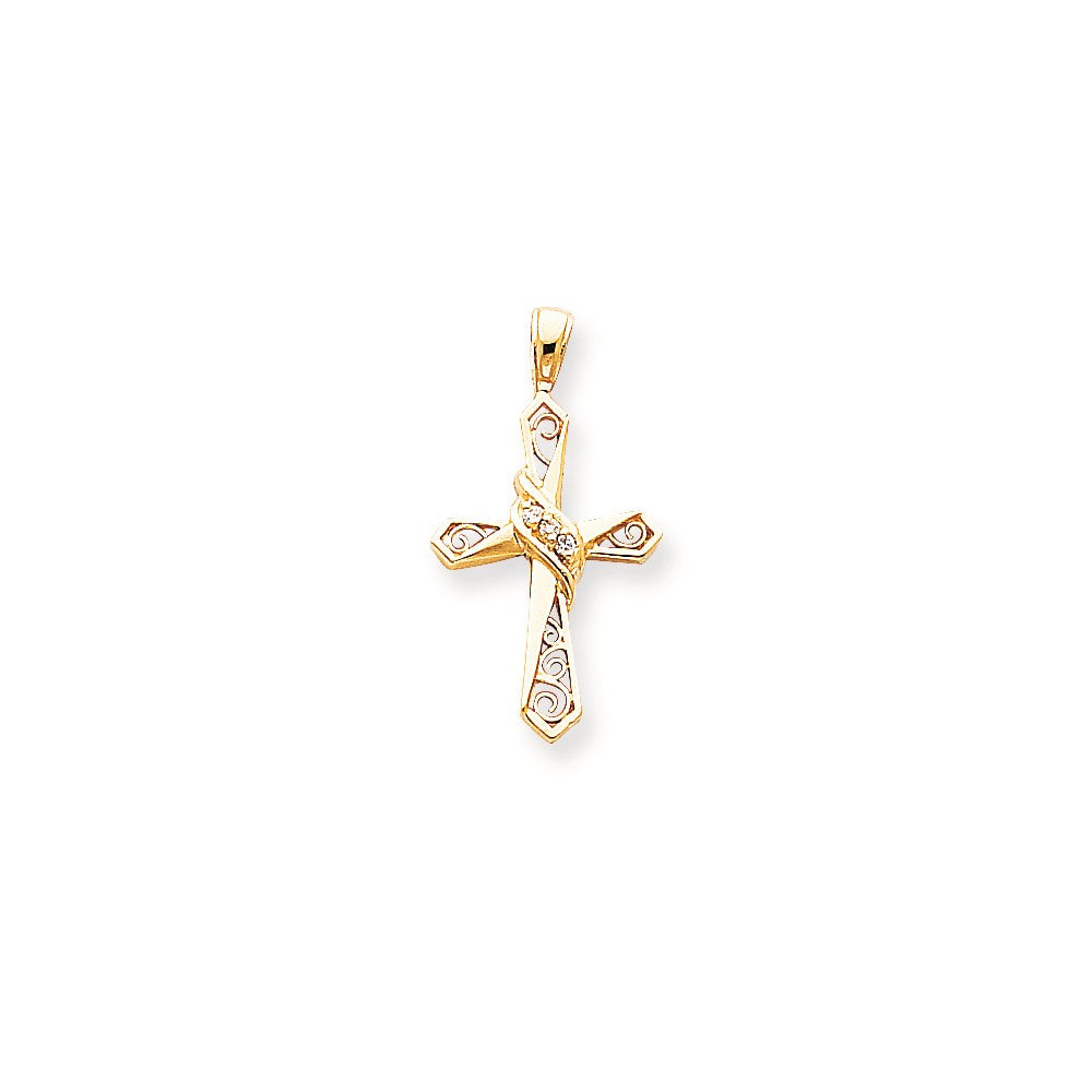 14K Yellow Gold AA Real Diamond Cross Pendant