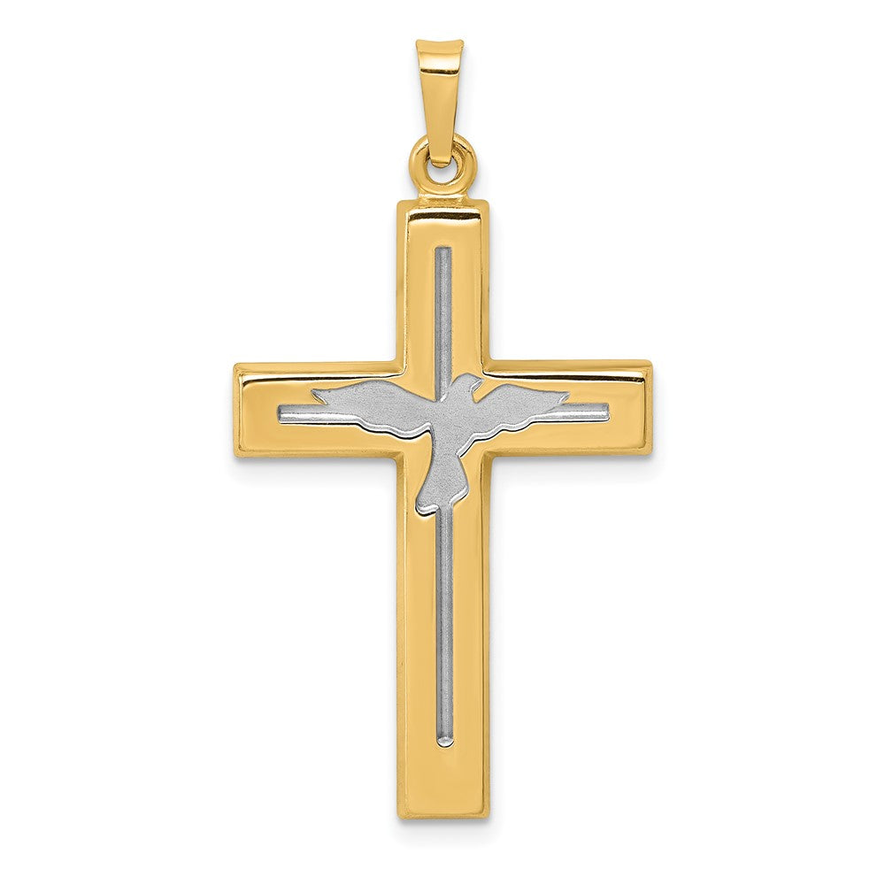 14k Yellow & Rhodium Gold W/Rhodium Polished and Satin Cross W/Dove Pendant