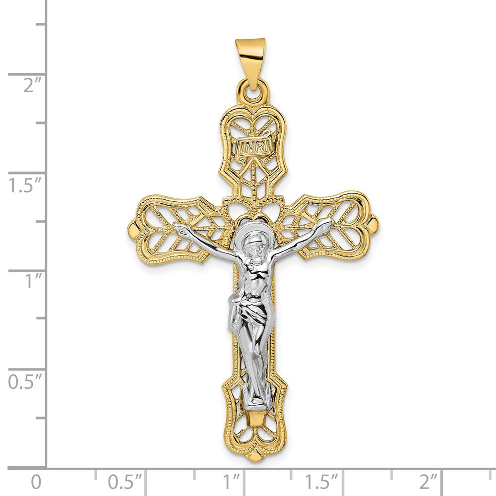 14k Two-tone Gold Solid INRI Filigree Crucifix Pendant