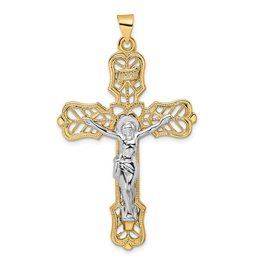 14k Two-tone Gold Solid INRI Filigree Crucifix Pendant