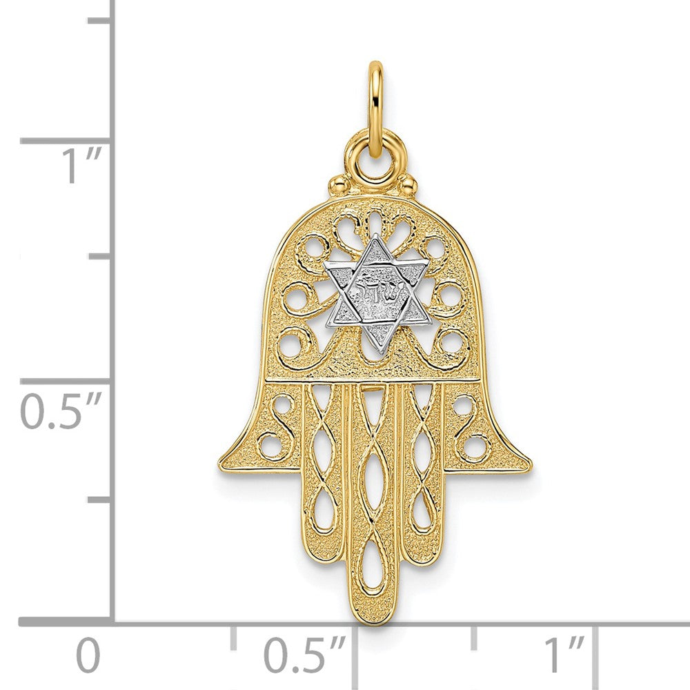 14k Two-tone Gold Polished Filigree Solid Hamsa and Star Pendant