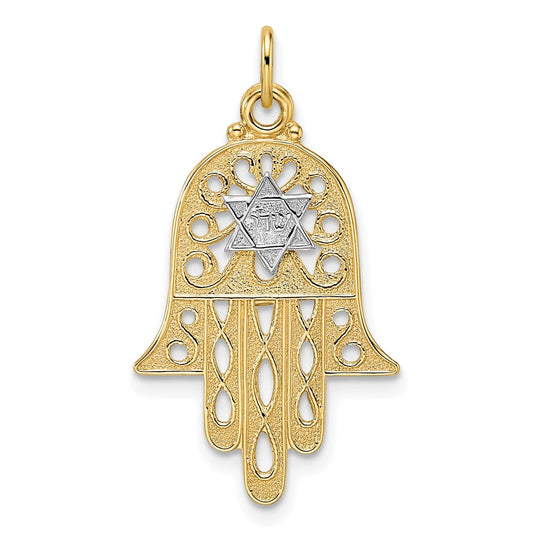 14k Two-tone Gold Polished Filigree Solid Hamsa and Star Pendant