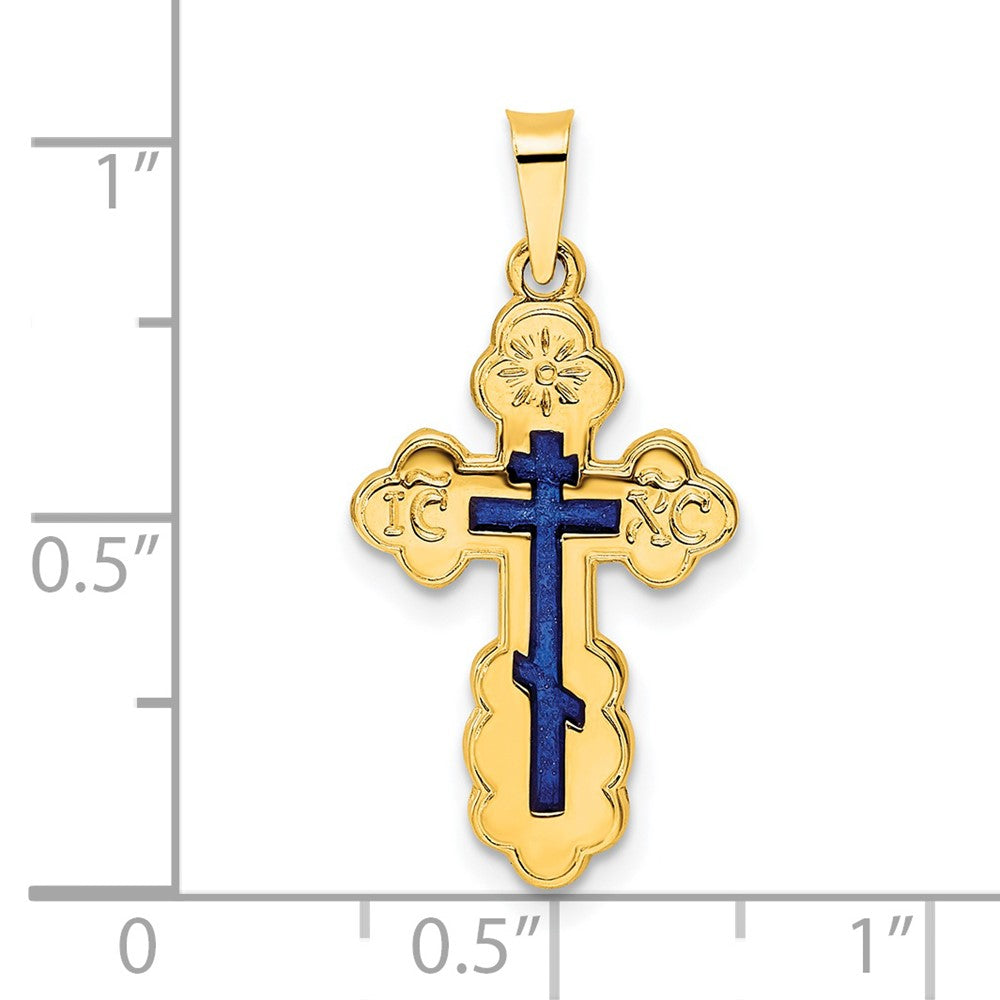 14k Yellow Gold Polished Eastern Orthodox Blue Enamel Solid Cross Pendant